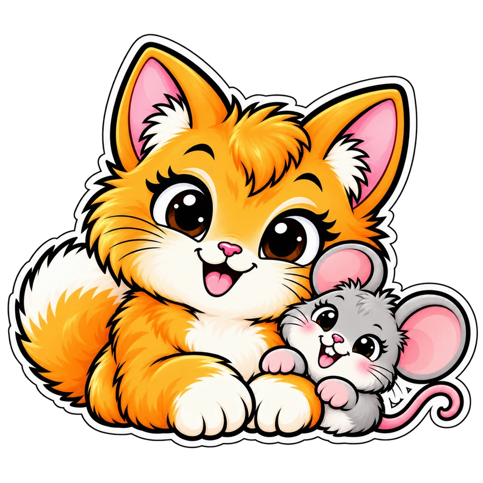 Sassy, an orange cat with a big smile, cuddles her tiny gray mouse friend, Squeak.