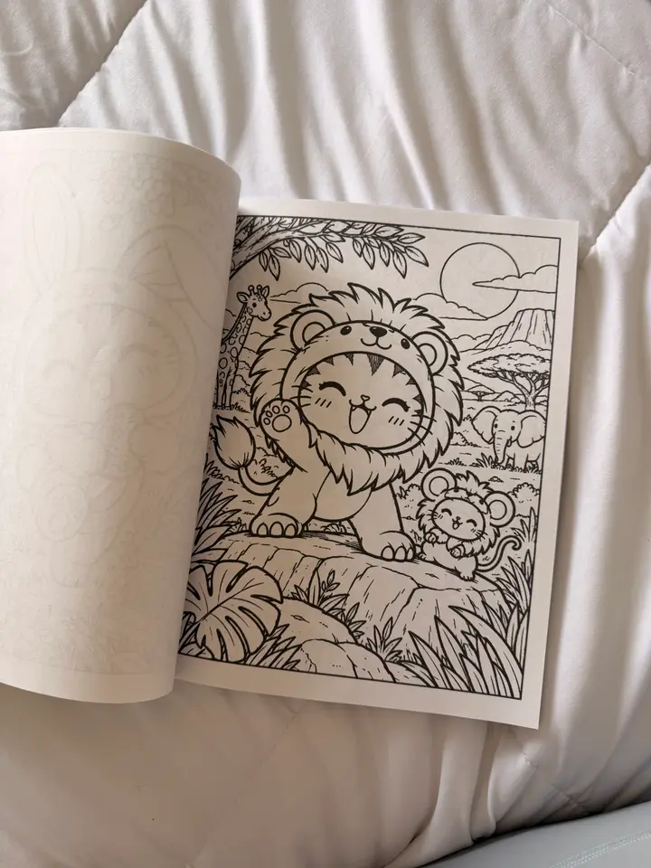 A photo of a printed coloring page showing Sassy in a lion costume and Squeak among savanna animals.