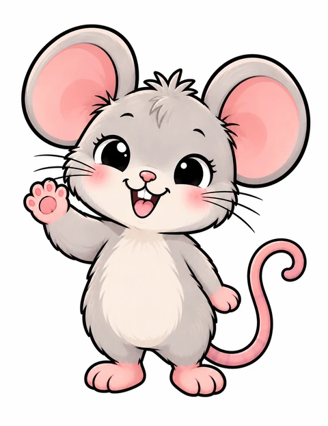 Squeak, a little gray mouse with big pink ears, waves hello.